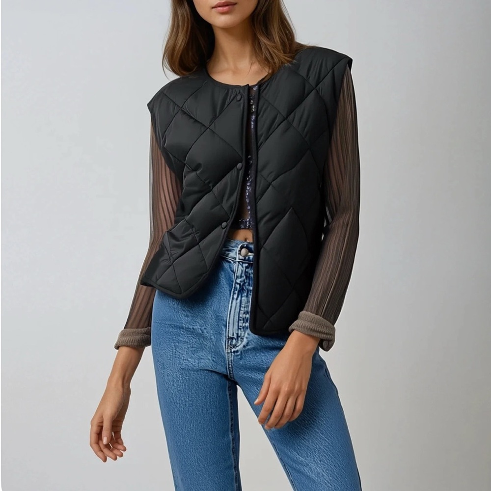 Black Quilted Puffer Vest with Zipper Closure